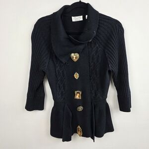 Byron Lars, Size S Black Button-Front Women's Sweater With Vintage Paintings